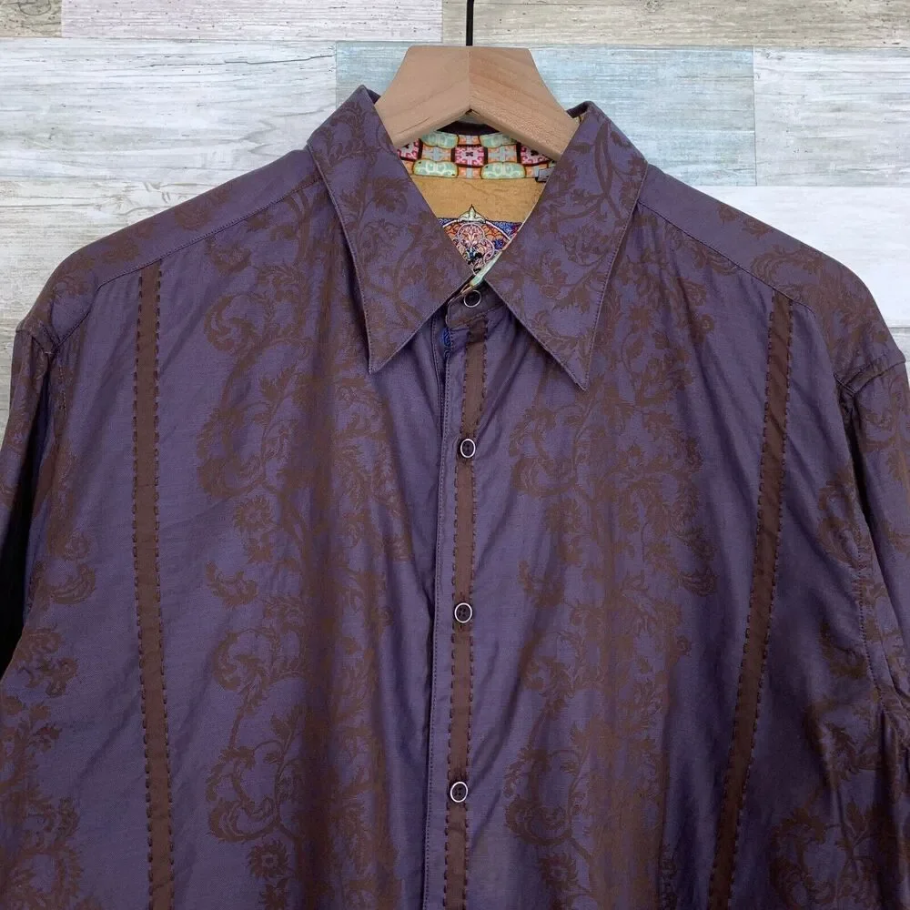 Robert Graham Floral Jacquard Flip Cuff Shirt Purple Silk Embroidered Mens Large